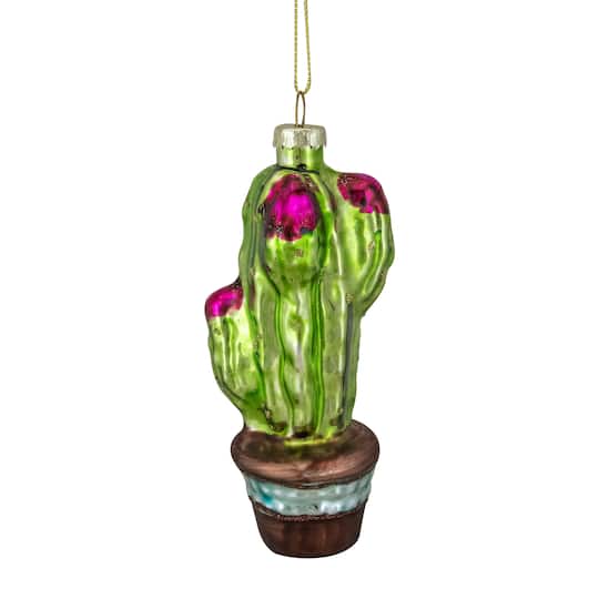 Green And Pink Potted Cactus Glass Ornament